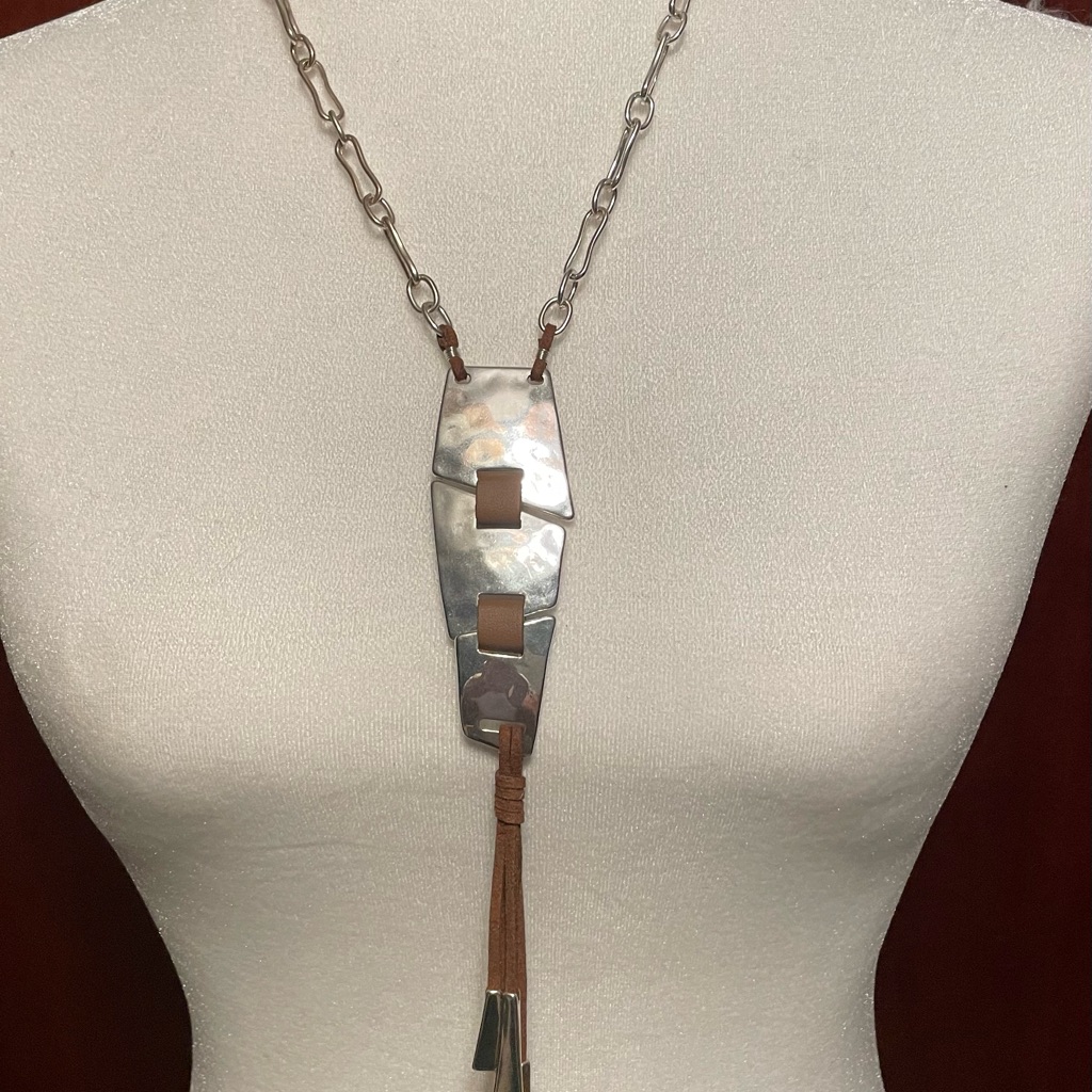 Rlm Soho Silvertone And Leather Y Boho Funky Statement Long Necklace